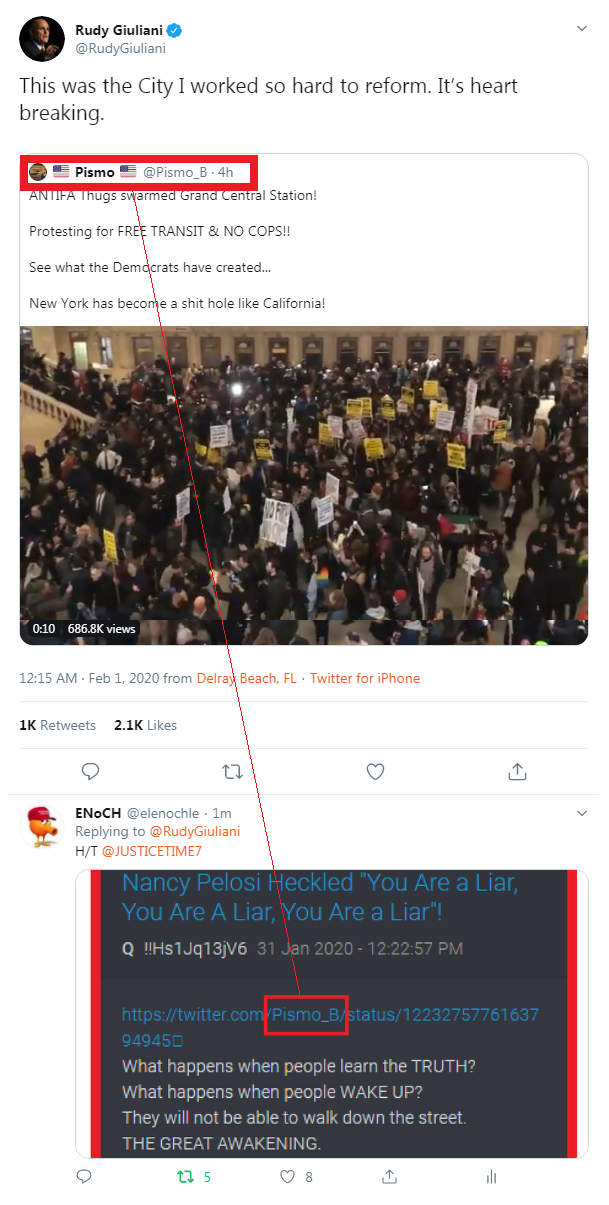 QAnon 31 January 2020 - What Happens When Rudy retweets same QAnon twitter account that Q linked to. 